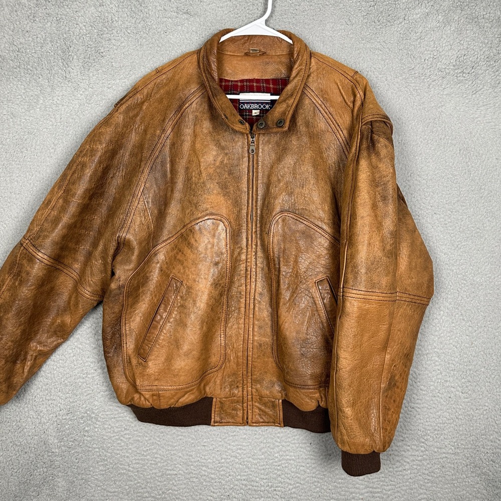 Vintage Oakbrook Jacket Mens XL Bomber Brown Distressed Leather Plaid Lined EUC